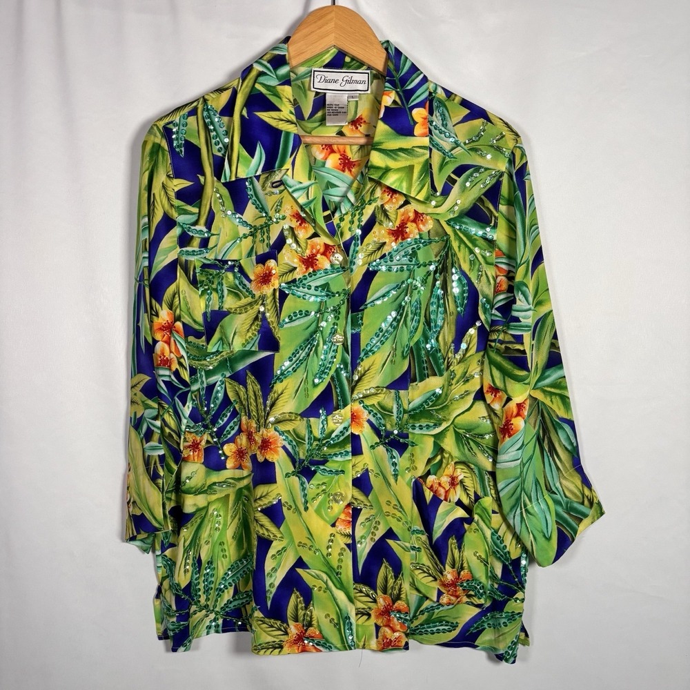 Vintage Diane Gilman 100% Silk Top Womens Large Tropical Sequin Floral Button Up